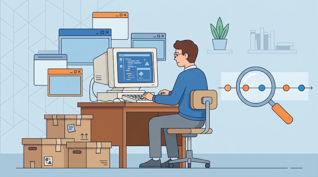 Illustration of a developer researching an old archive on a retro computer
